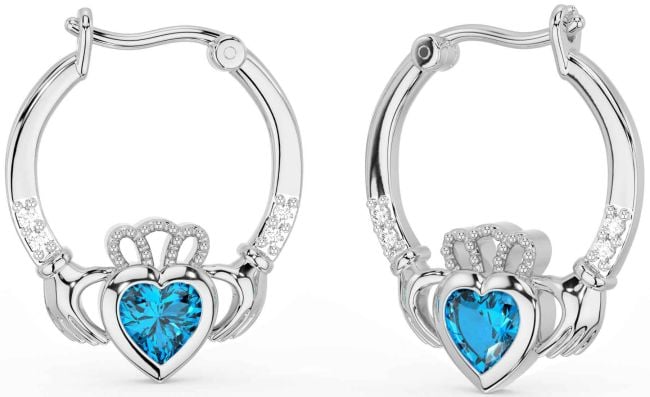 Diamond Topaz White Gold Claddagh Hoop Earrings