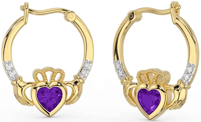 Diamond Amethyst Gold Claddagh Hoop Earrings