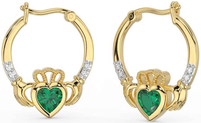 Diamond Emerald Gold Claddagh Hoop Earrings