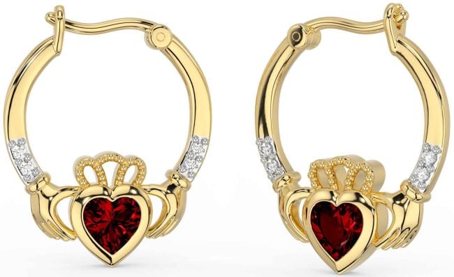 Diamond Garnet Gold Claddagh Hoop Earrings