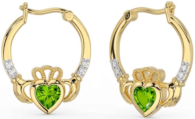 Diamond Peridot Gold Claddagh Hoop Earrings