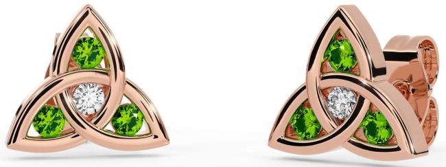 Diamond Peridot Rose Gold Silver Celtic Trinity Knot Stud Earrings