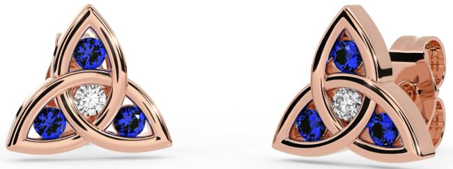 Diamond Sapphire Rose Gold Silver Celtic Trinity Knot Stud Earrings