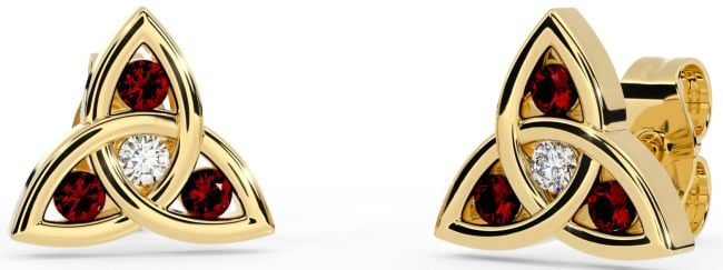 Diamond Garnet Gold Silver Celtic Trinity Knot Stud Earrings