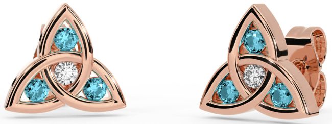 Diamond Aquamarine Rose Gold Celtic Trinity Knot Stud Earrings