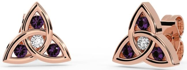 Diamond Alexandrite Rose Gold Celtic Trinity Knot Stud Earrings