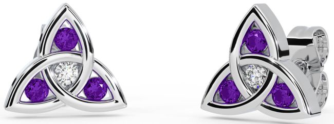 Diamond Amethyst Silver Celtic Trinity Knot Stud Earrings