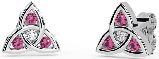 Diamond Pink Tourmaline Silver Celtic Trinity Knot Stud Earrings