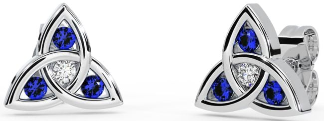 Diamond Sapphire Silver Celtic Trinity Knot Stud Earrings