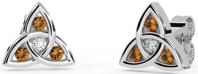 Diamond Citrine White Gold Celtic Trinity Knot Stud Earrings