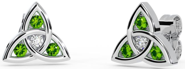 Diamond Peridot White Gold Celtic Trinity Knot Stud Earrings