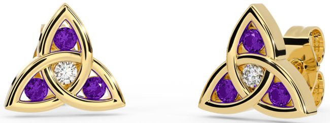 Diamond Amethyst Gold Celtic Trinity Knot Stud Earrings