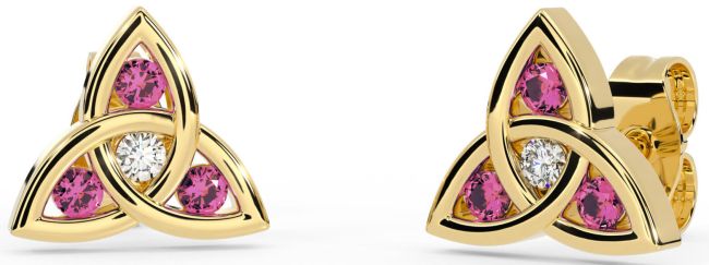 Diamond Pink Tourmaline Gold Celtic Trinity Knot Stud Earrings