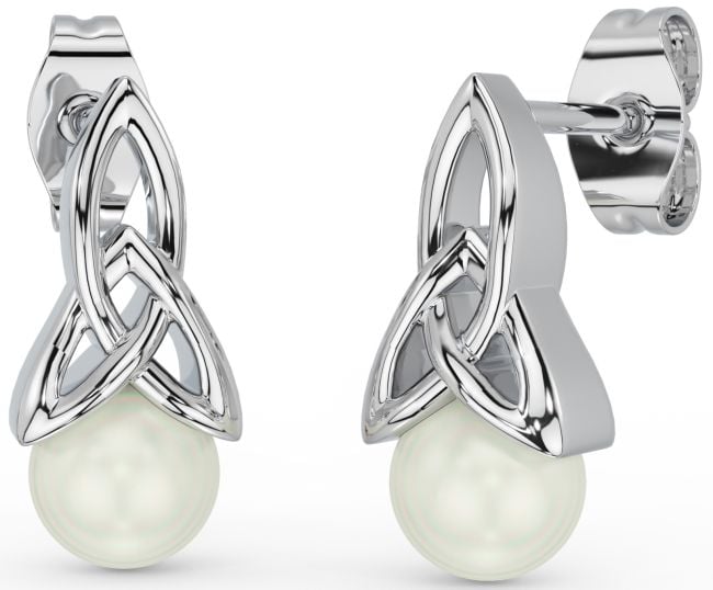 White Gold Celtic Trinity Knot Pearl Dangle Earrings