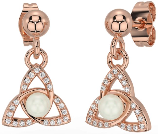 Diamond Rose Gold Celtic Trinity Knot Pearl Dangle Earrings