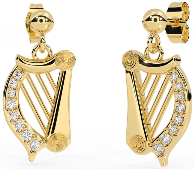 Diamond Gold Silver Celtic Irish harp Dangle Earrings