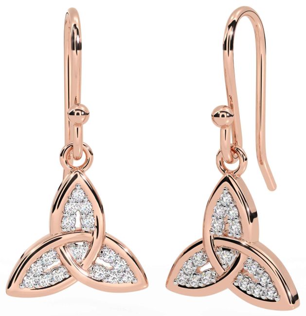 Diamond Rose Gold Silver Celtic Trinity Knot Dangle Earrings