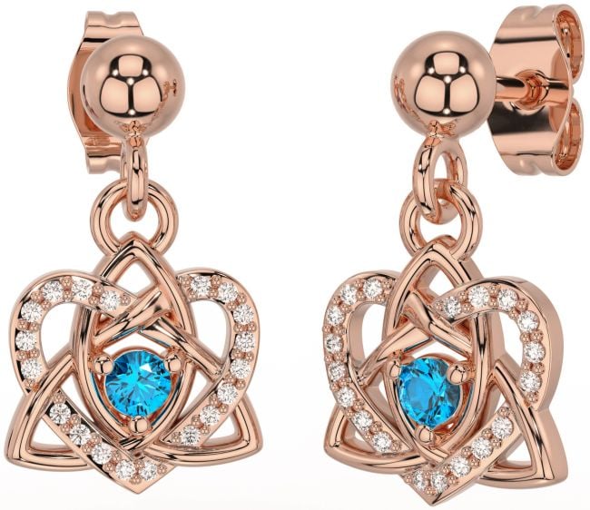 Diamond Topaz Rose Gold Silver Celtic Trinity Knot Heart Dangle Earrings