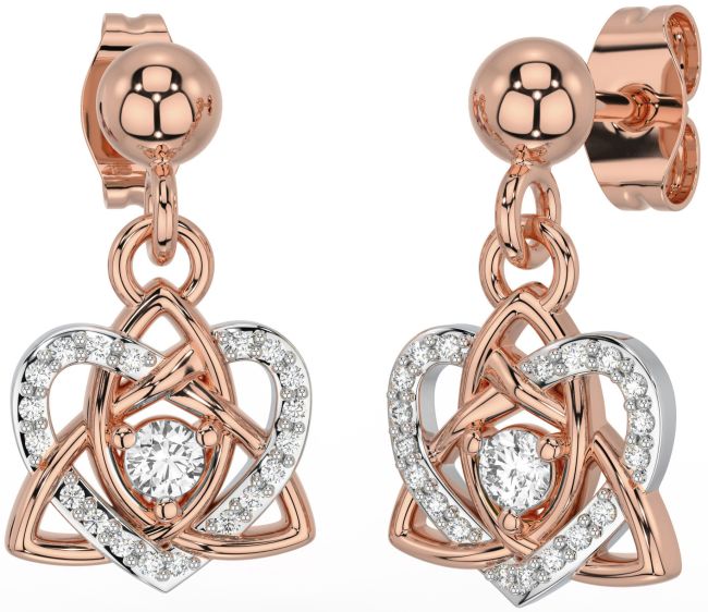 Diamond Rose Gold Silver Celtic Trinity Knot Heart Dangle Earrings