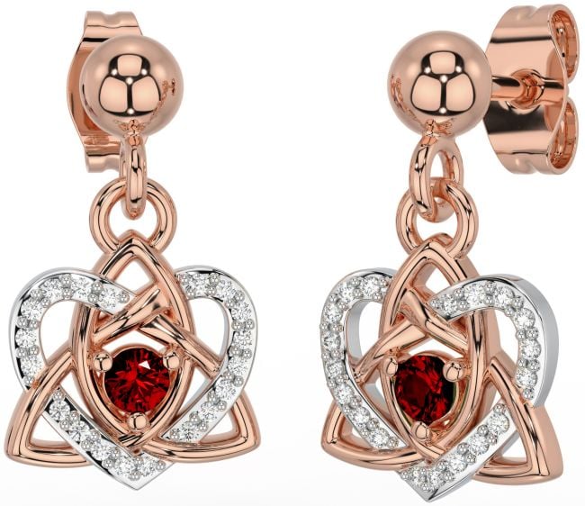 Diamond Garnet Rose Gold Silver Celtic Trinity Knot Heart Dangle Earrings