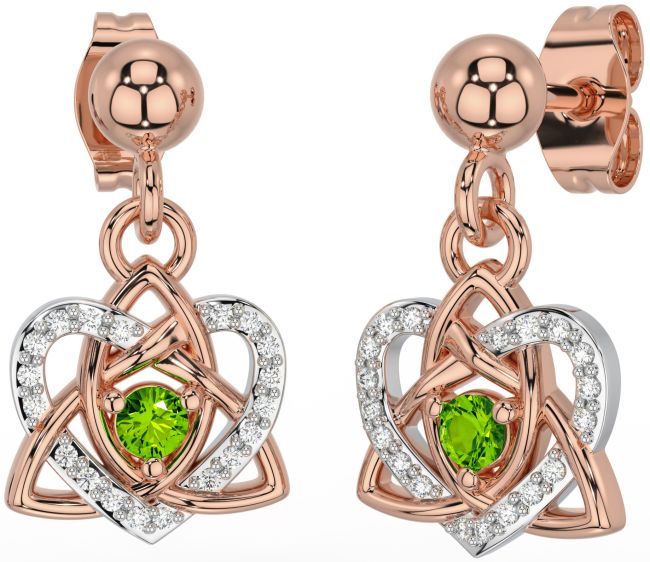 Diamond Peridot Rose Gold Silver Celtic Trinity Knot Heart Dangle Earrings