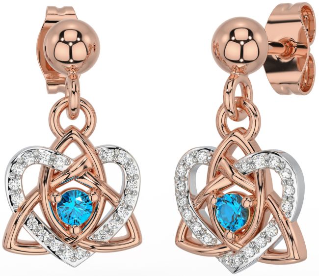 Diamond Topaz Rose Gold Silver Celtic Trinity Knot Heart Dangle Earrings