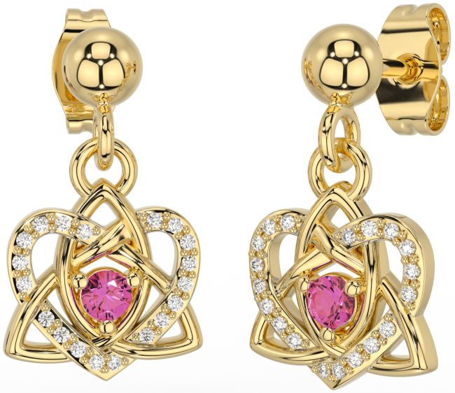 Diamond Pink Tourmaline Gold Silver Celtic Trinity Knot Heart Dangle Earrings