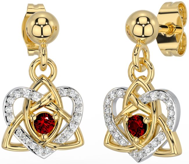 Diamond Garnet Gold Silver Celtic Trinity Knot Heart Dangle Earrings