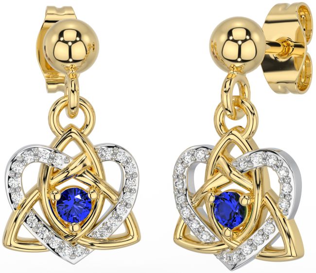 Diamond Sapphire Gold Silver Celtic Trinity Knot Heart Dangle Earrings