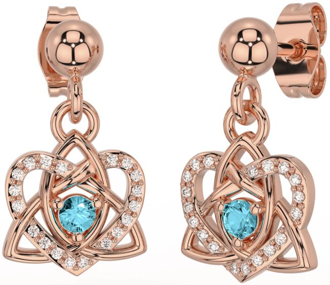 Diamond Aquamarine Rose Gold Celtic Trinity Knot Heart Dangle Earrings