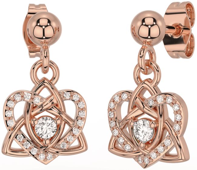 Diamond Rose Gold Celtic Trinity Knot Heart Dangle Earrings