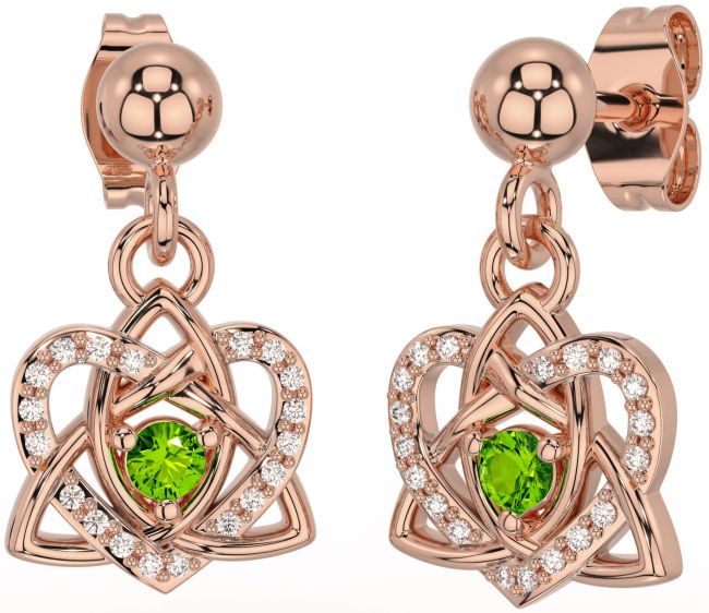 Diamond Peridot Rose Gold Celtic Trinity Knot Heart Dangle Earrings