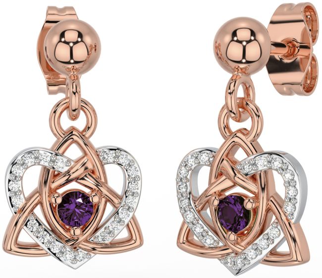 Diamond Alexandrite White Rose Gold Celtic Trinity Knot Heart Dangle Earrings