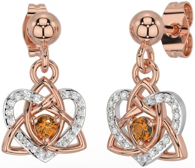 Diamond Citrine White Rose Gold Celtic Trinity Knot Heart Dangle Earrings