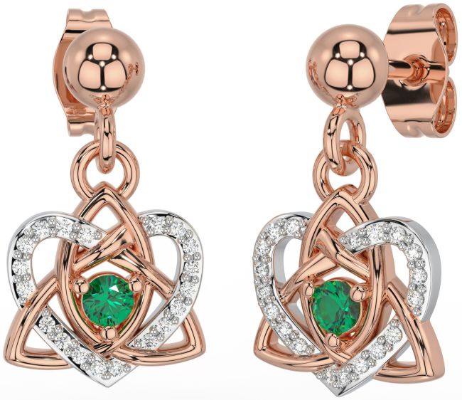 Diamond Emerald White Rose Gold Celtic Trinity Knot Heart Dangle Earrings