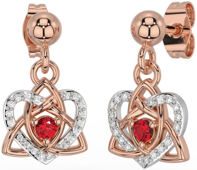 Diamond Ruby White Rose Gold Celtic Trinity Knot Heart Dangle Earrings