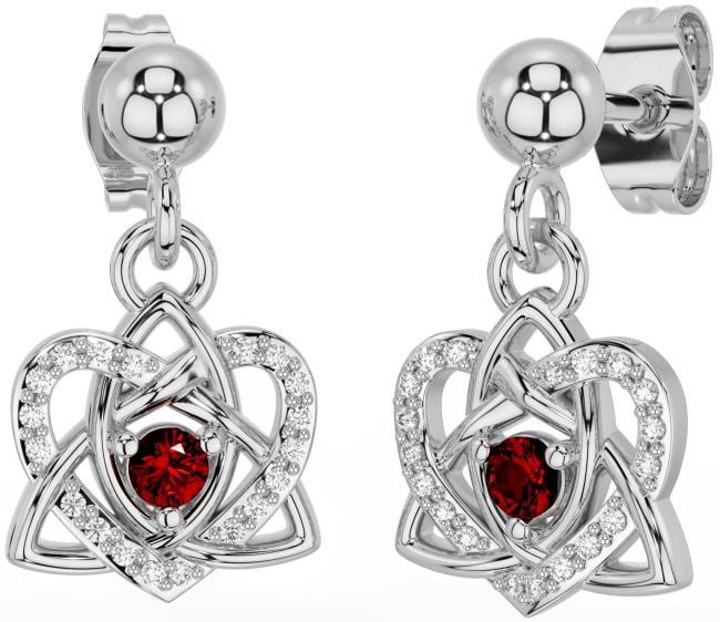 Diamond Garnet Silver Celtic Trinity Knot Heart Dangle Earrings