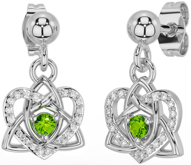 Diamond Peridot Silver Celtic Trinity Knot Heart Dangle Earrings