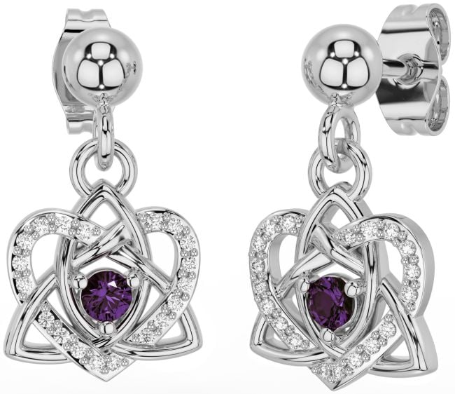 Diamond Alexandrite White Gold Celtic Trinity Knot Heart Dangle Earrings
