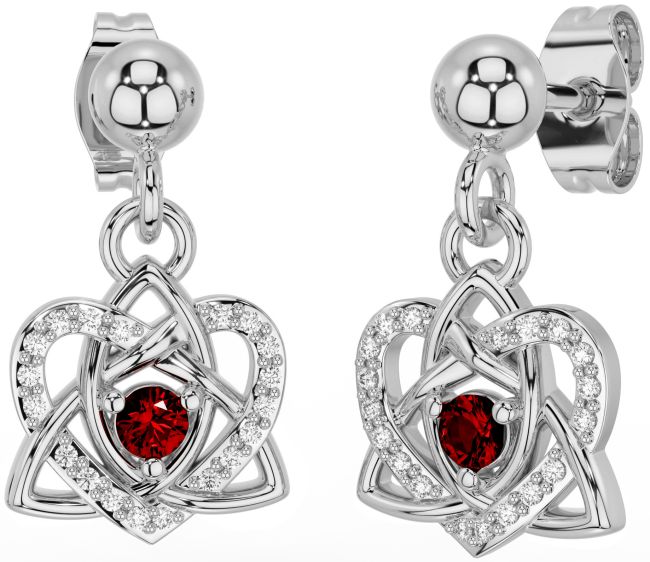 Diamond Garnet White Gold Celtic Trinity Knot Heart Dangle Earrings