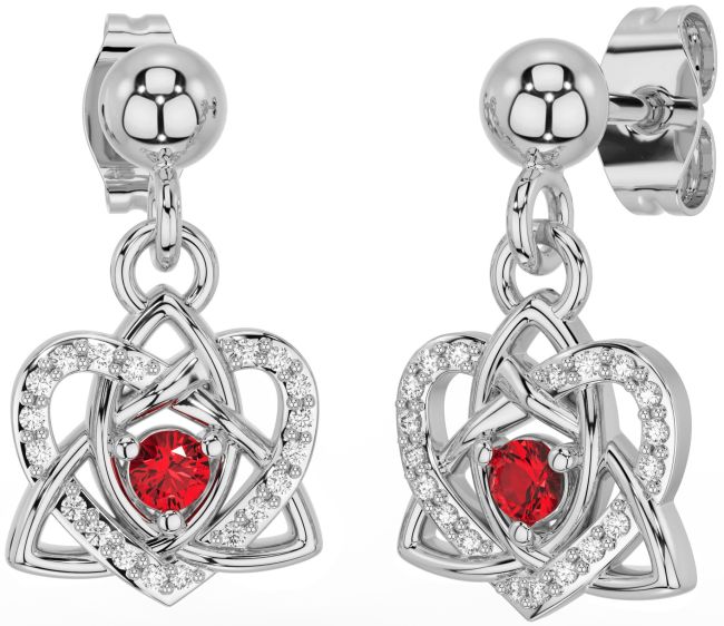 Diamond Ruby White Gold Celtic Trinity Knot Heart Dangle Earrings