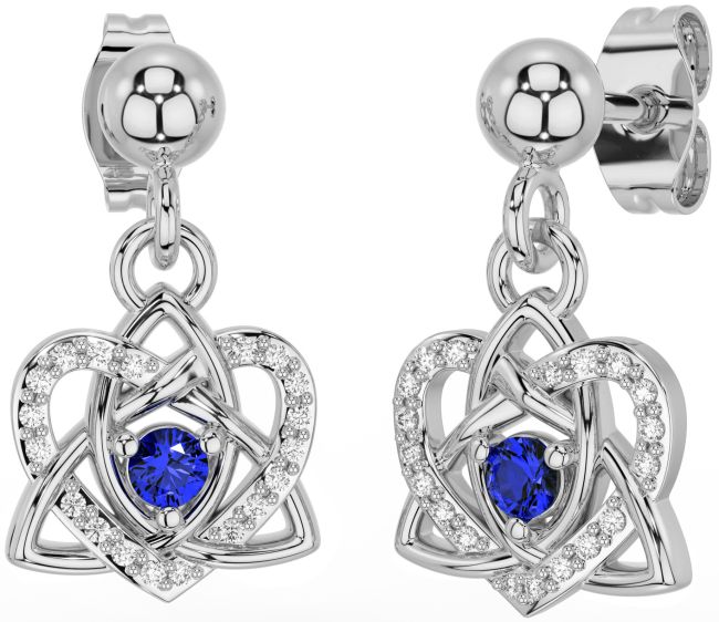Diamond Sapphire White Gold Celtic Trinity Knot Heart Dangle Earrings