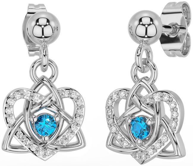 Diamond Topaz White Gold Celtic Trinity Knot Heart Dangle Earrings