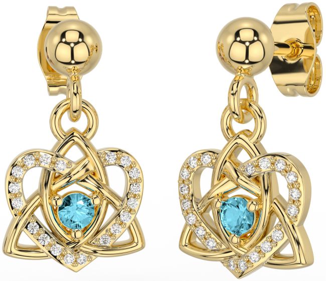 Diamond Aquamarine Gold Celtic Trinity Knot Heart Dangle Earrings