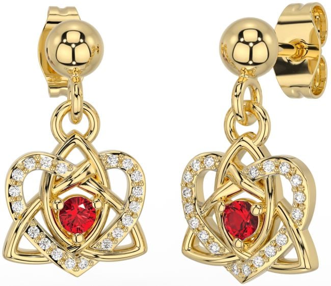 Diamond Ruby Gold Celtic Trinity Knot Heart Dangle Earrings