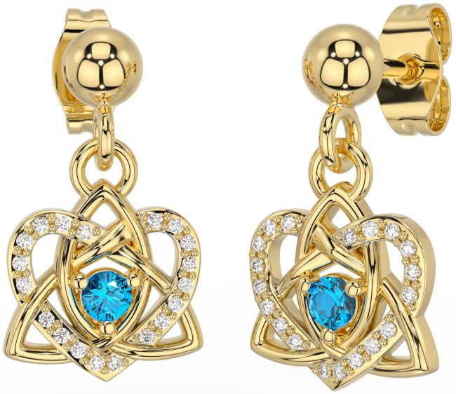 Diamond Topaz Gold Celtic Trinity Knot Heart Dangle Earrings