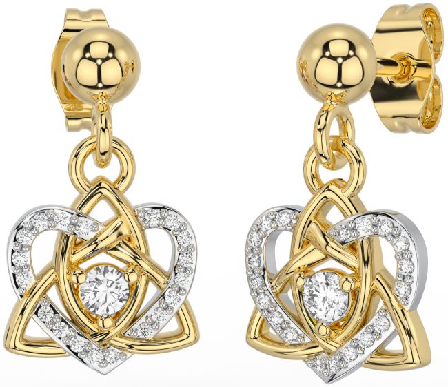 Diamond White Yellow Gold Celtic Trinity Knot Heart Dangle Earrings