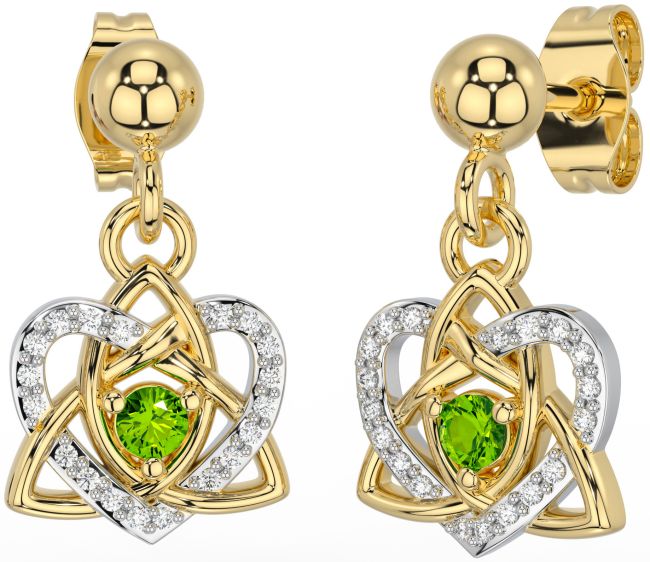 Diamond Peridot White Yellow Gold Celtic Trinity Knot Heart Dangle Earrings