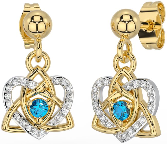 Diamond Topaz White Yellow Gold Celtic Trinity Knot Heart Dangle Earrings