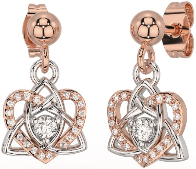 Diamond Rose Gold Silver Celtic Trinity Knot Heart Dangle Earrings